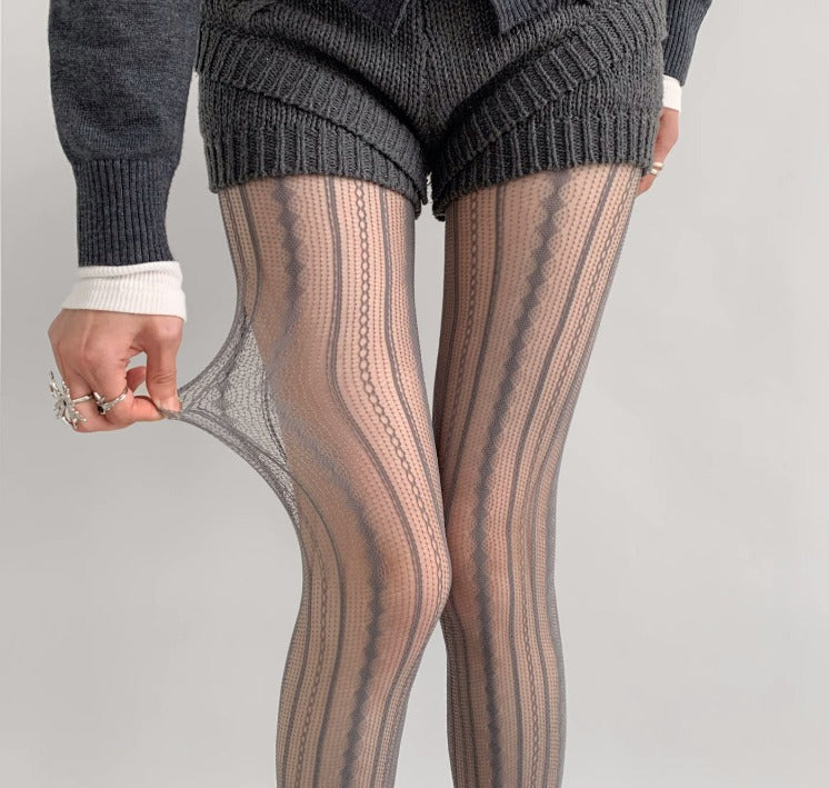 Grey Vertical Stripe Hollow Out Pantyhose