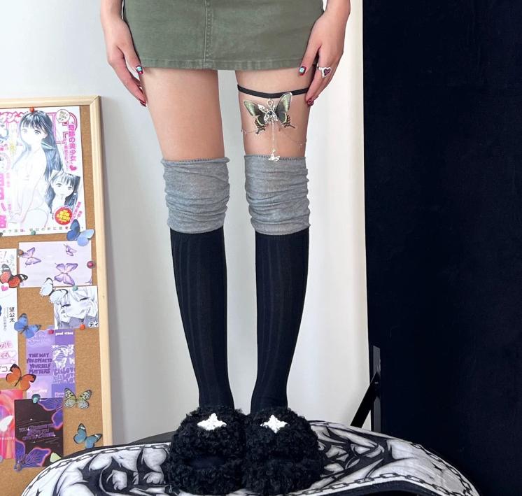 Black and Grey Coffee Vertical Stripe Over Knee Socks 03