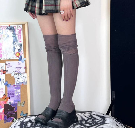 Coffee Vertical Stripe Over Knee Socks 03