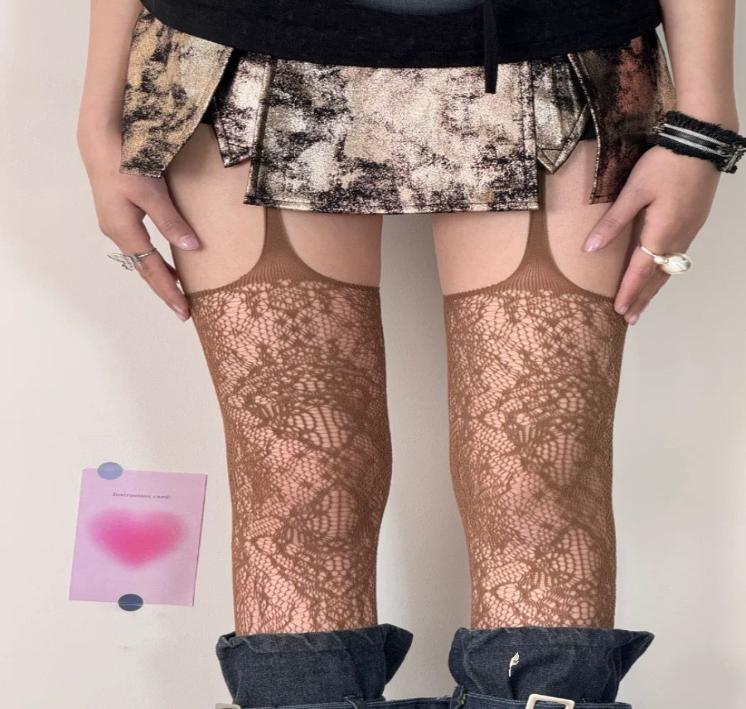 Coffee Floral Hollow Out Fishnet Stockings