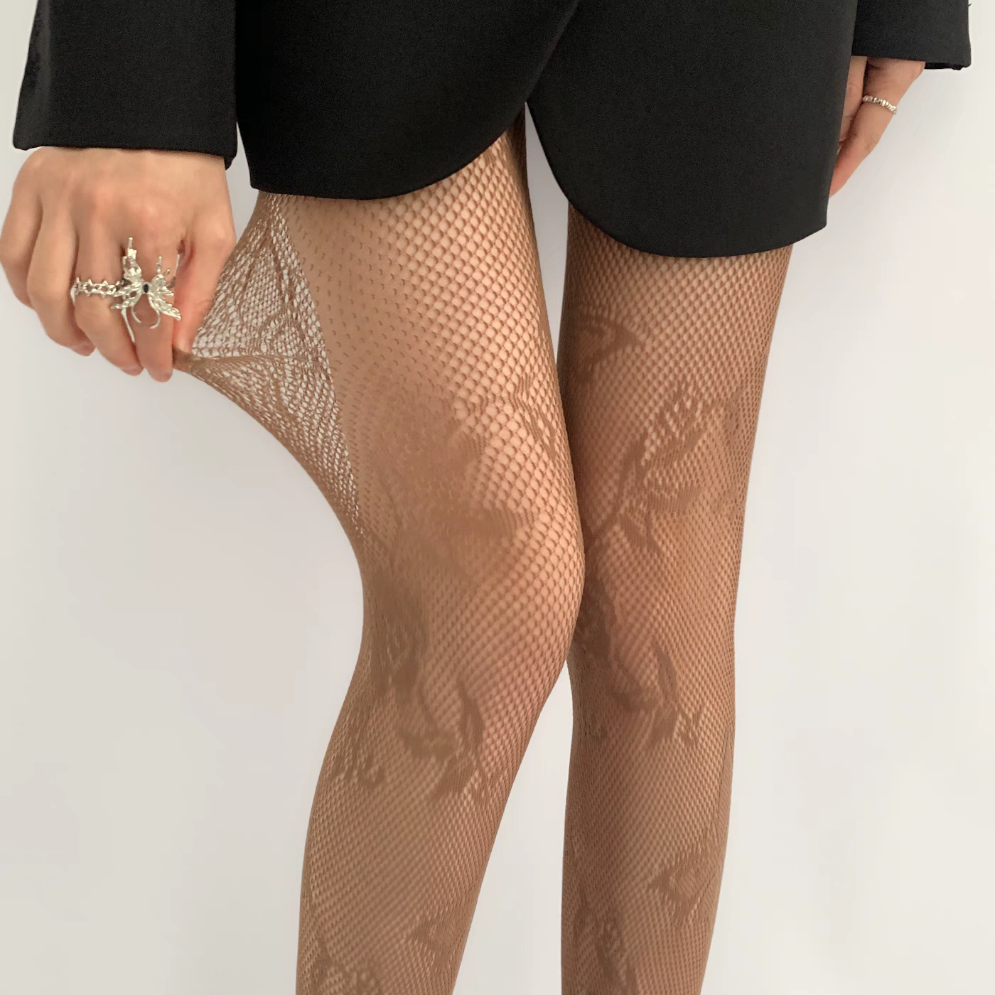 Coffee Butterfly Patterned Mesh Pantyhose