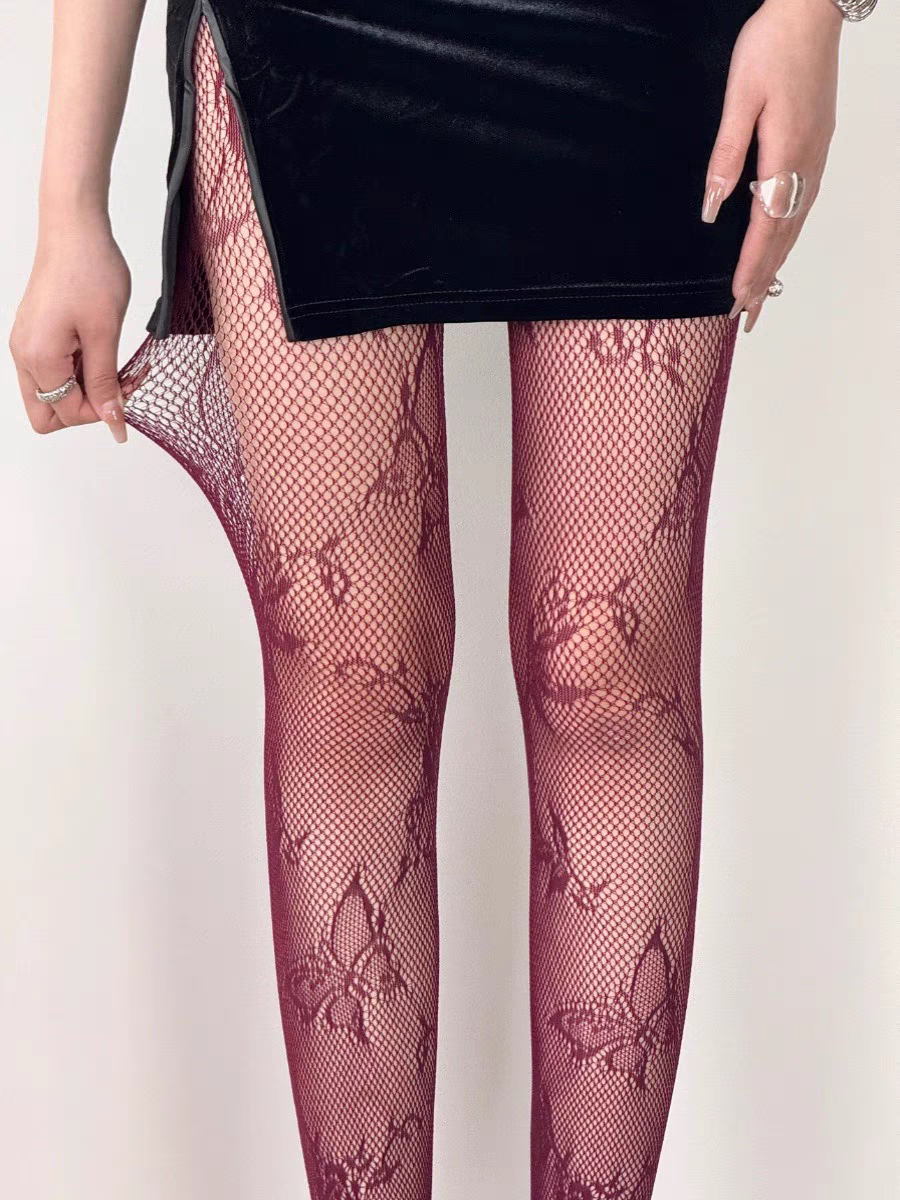 Red Butterfly Patterned Mesh Pantyhose